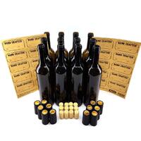 Låda m. 12 st vinflaskor 75 cl. Bruna, inkl. korkar, hättor, etiketter!