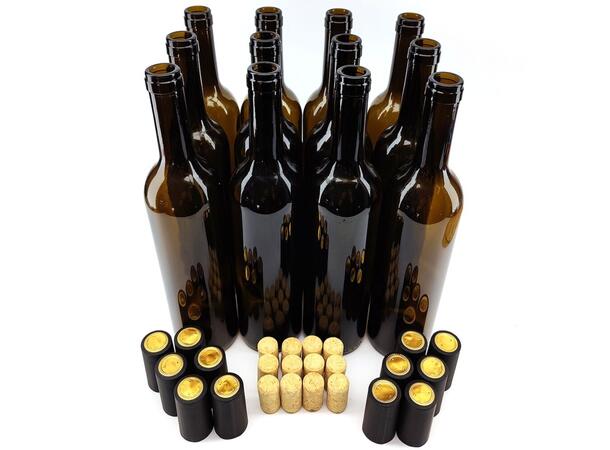 Låda m. 12 st vinflaskor 75 cl., Bruna, inkl. korkar, hättor, etikett