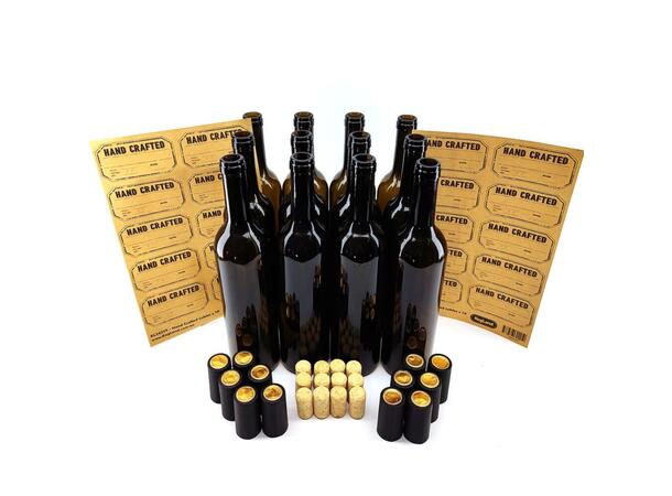 Låda m. 12 st vinflaskor 75 cl., Bruna, inkl. korkar, hättor, etikett