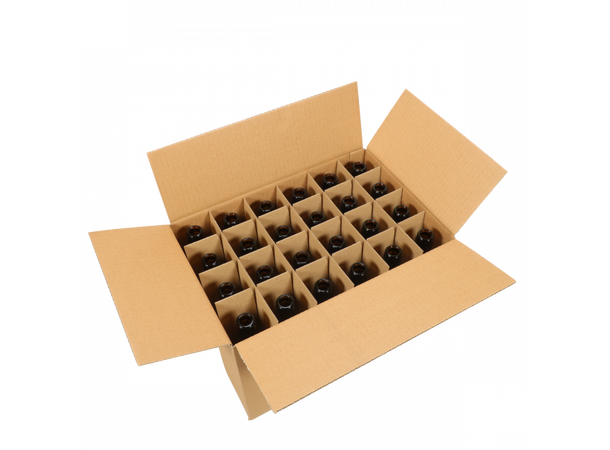 Låda med 24 st. 33 cl. klassiska bruna longneck-flaskor